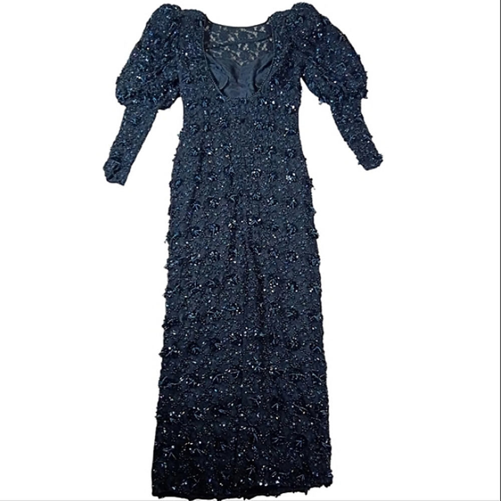 Black Tie By Oleg Cassini Beaded Puff Sleeve Formal Gown - Picture 6 of 12
